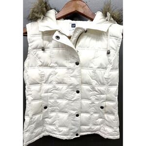 Gap Puffer Vest Women‎ S Ivory Detachable Faux Fur Trim Hood Full Zip Pockets